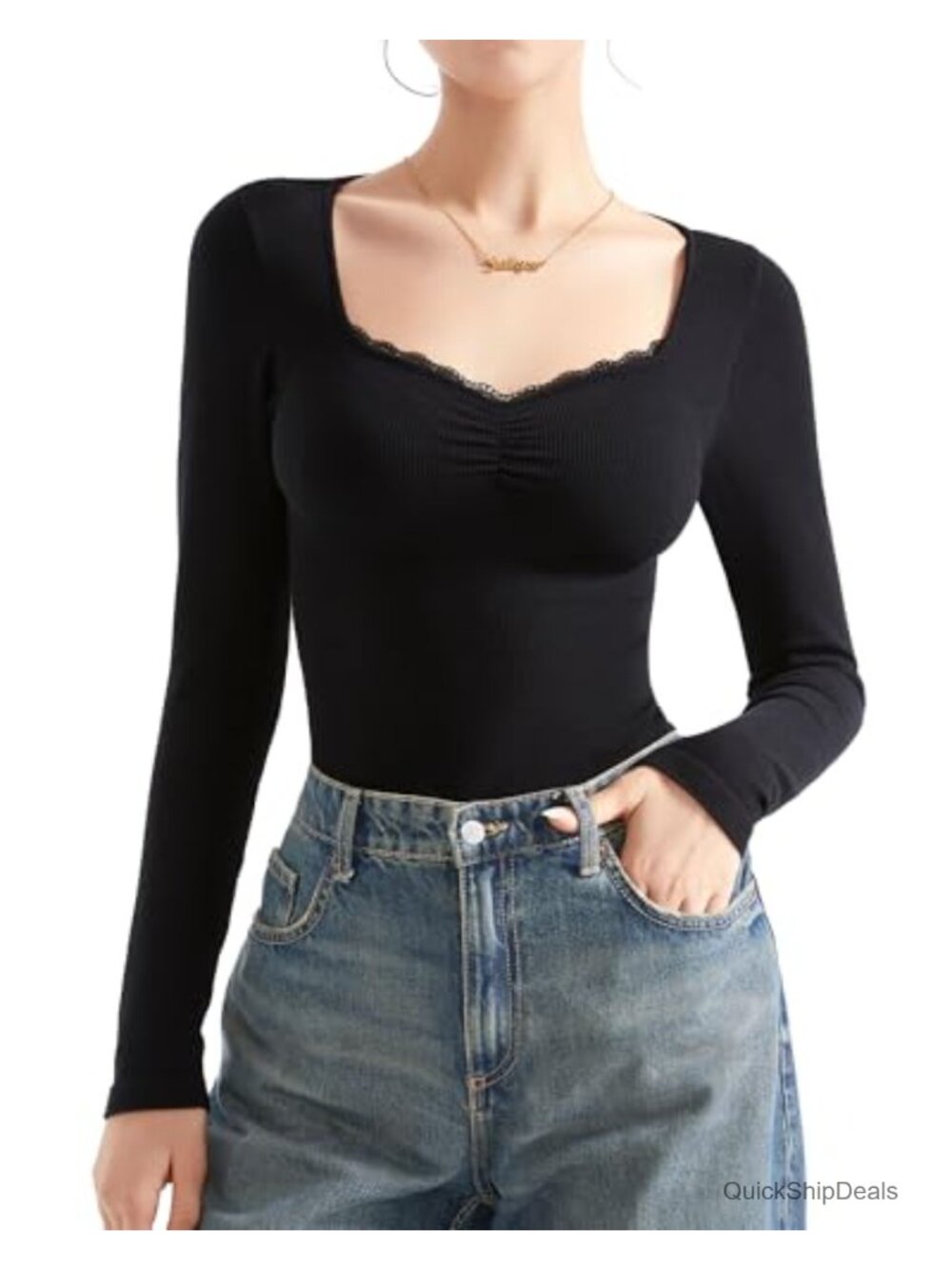 Women Sweetheart V Neck Long Sleeve Fitted Modal Lace Trim Top